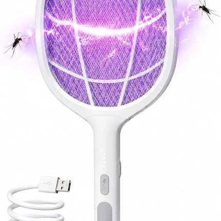 Elektrische Fliegenklatsche mit USB Ladestecker & Halterung – Insekten- und Mückenfänger für Fliegen, Mücken und andere Insekten (Weiß mit Ständer 45 cm)