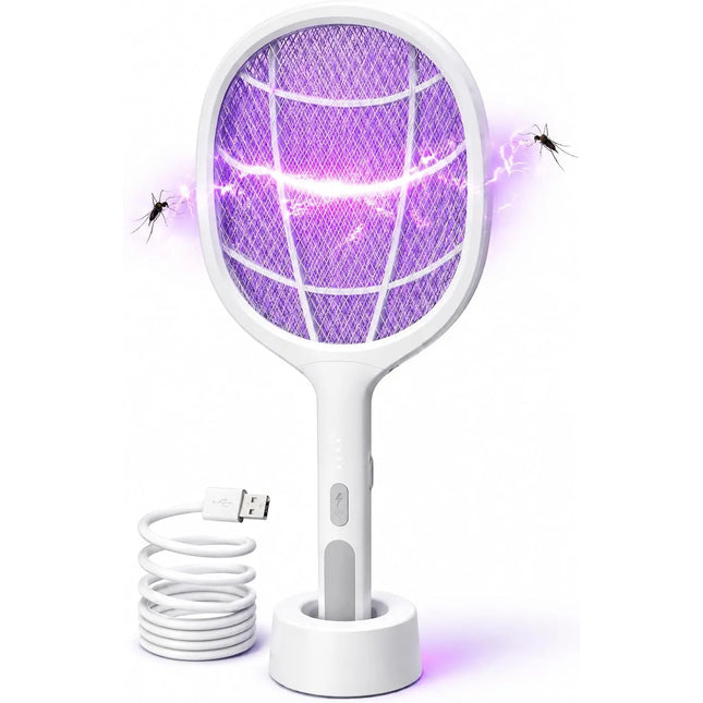 Elektrische Fliegenklatsche mit USB Ladestecker & Halterung – Insekten- und Mückenfänger für Fliegen, Mücken und andere Insekten (Weiß mit Ständer 45 cm)