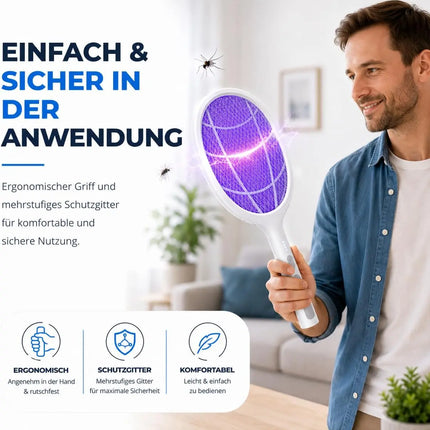 Elektrische Fliegenklatsche mit USB Ladestecker & Halterung – Insekten- und Mückenfänger für Fliegen, Mücken und andere Insekten (Weiß mit Ständer 45 cm)