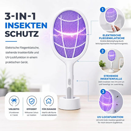 Elektrische Fliegenklatsche mit USB Ladestecker & Halterung – Insekten- und Mückenfänger für Fliegen, Mücken und andere Insekten (Weiß mit Ständer 45 cm)