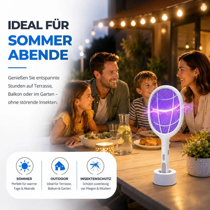 Elektrische Fliegenklatsche mit USB Ladestecker & Halterung – Insekten- und Mückenfänger für Fliegen, Mücken und andere Insekten (Weiß mit Ständer 45 cm)