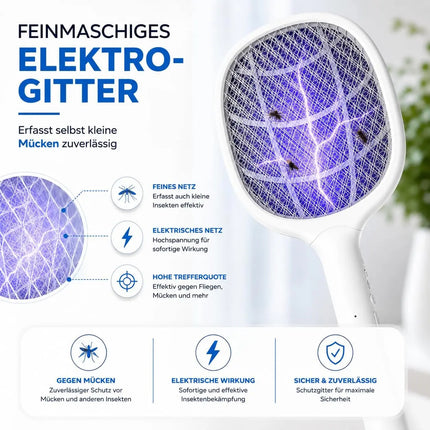 Elektrische Fliegenklatsche mit USB Ladestecker & Halterung – Insekten- und Mückenfänger für Fliegen, Mücken und andere Insekten (Weiß mit Ständer 45 cm)