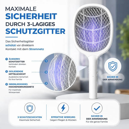 Elektrische Fliegenklatsche mit USB Ladestecker & Halterung – Insekten- und Mückenfänger für Fliegen, Mücken und andere Insekten (Weiß mit Ständer 45 cm)