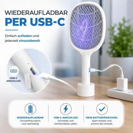 Elektrische Fliegenklatsche mit USB Ladestecker & Halterung – Insekten- und Mückenfänger für Fliegen, Mücken und andere Insekten (Weiß mit Ständer 45 cm)