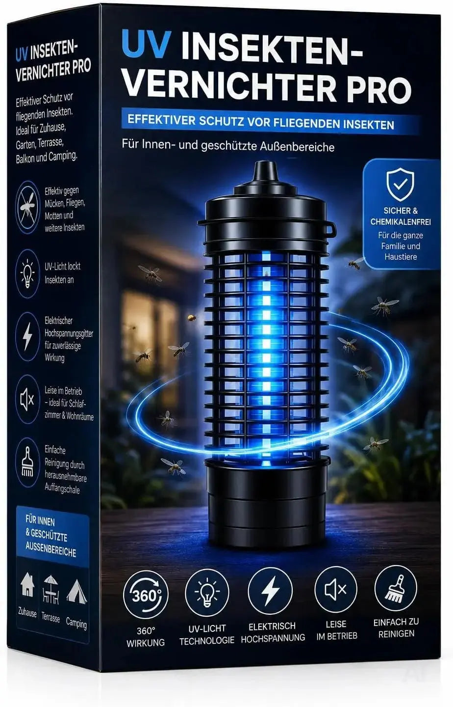 Elektrischer Insektenvernichter mit UV-Lampe – Fliegenfalle & Mückenlampe für Moskitoschutz und effektive Insektenabwehr (Rund)