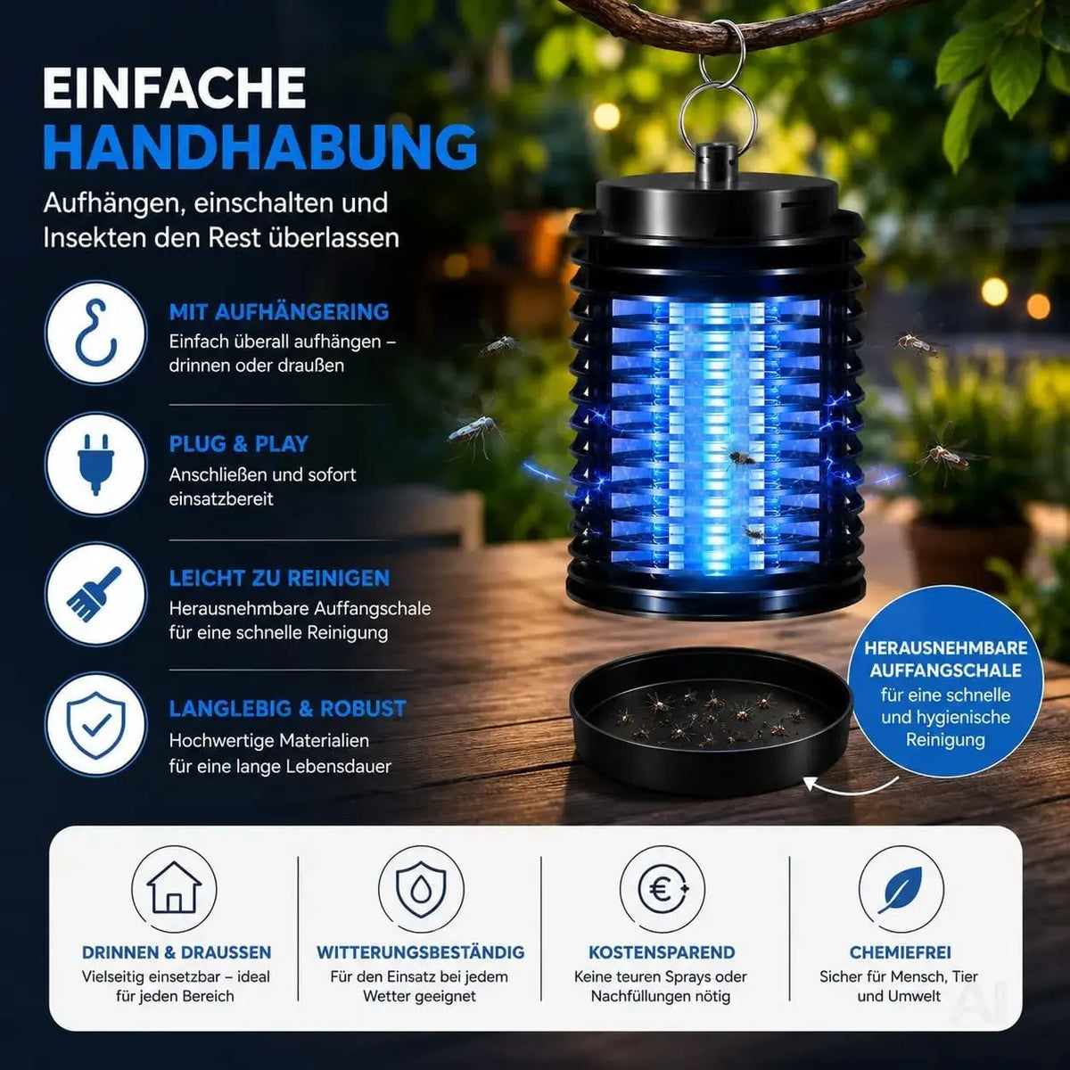 Elektrischer Insektenvernichter mit UV-Lampe – Fliegenfalle & Mückenlampe für Moskitoschutz und effektive Insektenabwehr (Rund)