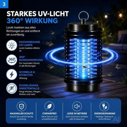 Elektrischer Insektenvernichter mit UV-Lampe – Fliegenfalle & Mückenlampe für Moskitoschutz und effektive Insektenabwehr (Rund)