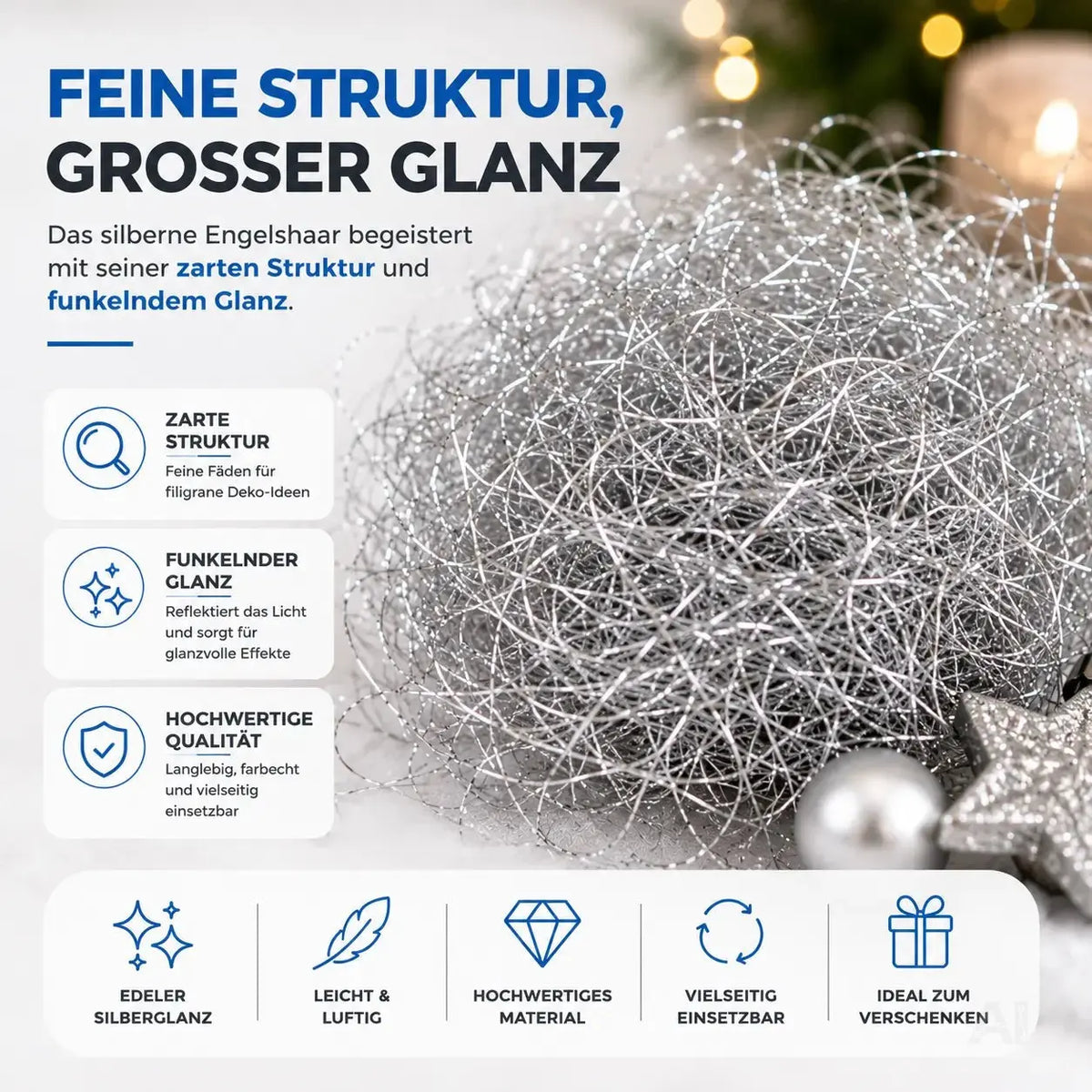 Engelshaar Silber gelockt 15 gr. Lametta Silber für Weihnachten Advent Deko Dekoration – Detailansicht 3