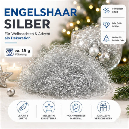 Engelshaar - gelockt Lametta ca. 15 Gramm - für Weihnachten & Advent als Deko Dekoration (Silber)