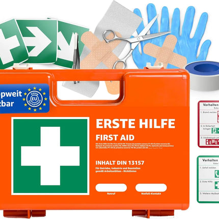 Erste Hilfe Kasten - DIN 13157 Koffer für Unternehmen & Betriebe - Verbandskasten orange nach aktueller Norm geprüft - Mit Aufkleber & Wandhalterung