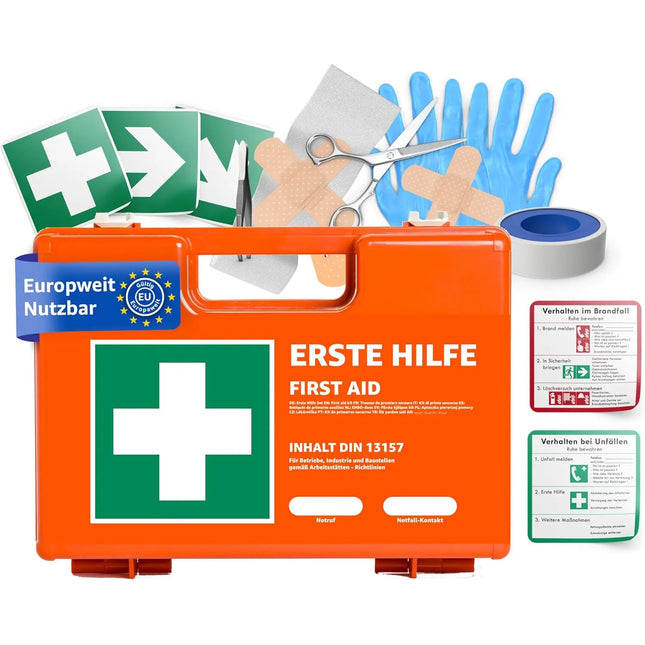 Erste Hilfe Kasten - DIN 13157 Koffer für Unternehmen & Betriebe - Verbandskasten orange nach aktueller Norm geprüft - Mit Aufkleber & Wandhalterung