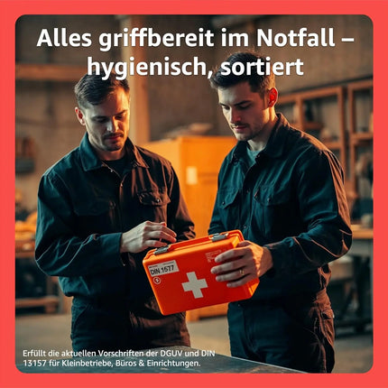 Erste Hilfe Kasten - DIN 13157 Koffer für Unternehmen & Betriebe - Verbandskasten orange nach aktueller Norm geprüft - Mit Aufkleber & Wandhalterung