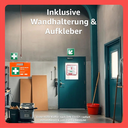 Erste Hilfe Kasten - DIN 13157 Koffer für Unternehmen & Betriebe - Verbandskasten orange nach aktueller Norm geprüft - Mit Aufkleber & Wandhalterung