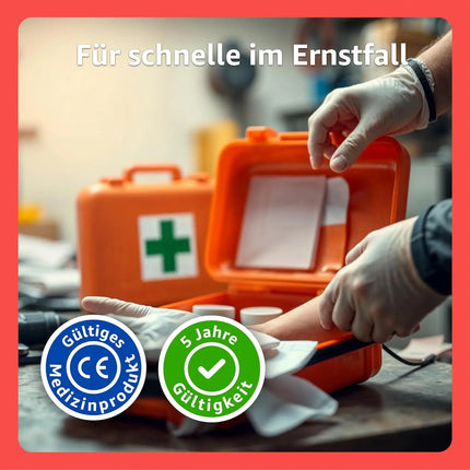 Erste Hilfe Kasten - DIN 13157 Koffer für Unternehmen & Betriebe - Verbandskasten orange nach aktueller Norm geprüft - Mit Aufkleber & Wandhalterung