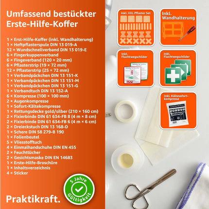 Erste Hilfe Koffer - DIN 13157 Kasten für Wand & Zuhause & Betrieb - & 5x Aufklebern - Verbandskasten orange - inkl. Wandhalterung