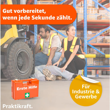Erste Hilfe Koffer - DIN 13157 Kasten für Wand & Zuhause & Betrieb - & 5x Aufklebern - Verbandskasten orange - inkl. Wandhalterung