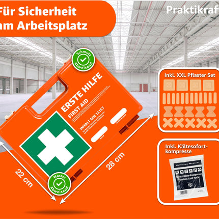Erste Hilfe Koffer - DIN 13157 Kasten für Wand & Zuhause & Betrieb - & 5x Aufklebern - Verbandskasten orange - inkl. Wandhalterung