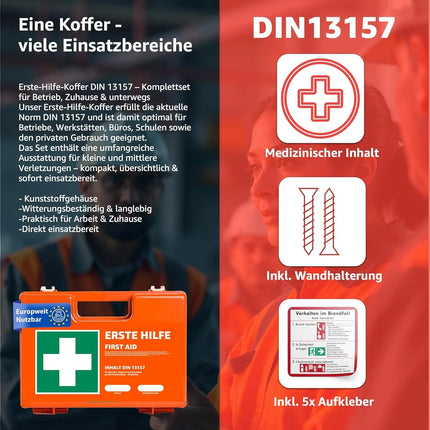 Erste Hilfe Koffer - DIN 13157:2021 nach aktueller Norm - inkl. Wandhalterung, Aufkleber - Erste Hilfe Verbandskasten geprüft - TK Gruppe® Offizieller Onlineshop
