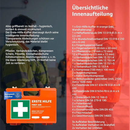 Erste Hilfe Koffer - DIN 13157:2021 nach aktueller Norm - inkl. Wandhalterung, Aufkleber - Erste Hilfe Verbandskasten geprüft - TK Gruppe® Offizieller Onlineshop