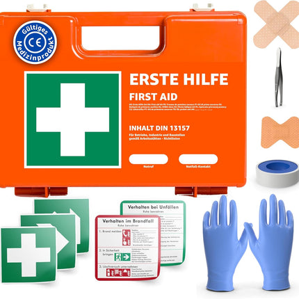 Erste Hilfe Koffer - DIN 13157:2021 nach aktueller Norm - inkl. Wandhalterung, Aufkleber - Erste Hilfe Verbandskasten geprüft