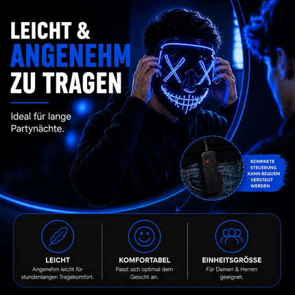 FASCHINFEVER LED Maske blau Purge - Kostümmaske steuerbar für Halloween, Fasching & Karneval als Kostüm für Herren & Damen