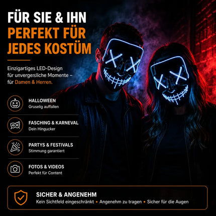 FASCHINFEVER LED Maske blau Purge - Kostümmaske steuerbar für Halloween, Fasching & Karneval als Kostüm für Herren & Damen