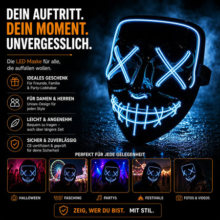 FASCHINFEVER LED Maske blau Purge - Kostümmaske steuerbar für Halloween, Fasching & Karneval als Kostüm für Herren & Damen