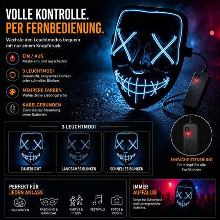 FASCHINFEVER LED Maske blau Purge - Kostümmaske steuerbar für Halloween, Fasching & Karneval als Kostüm für Herren & Damen