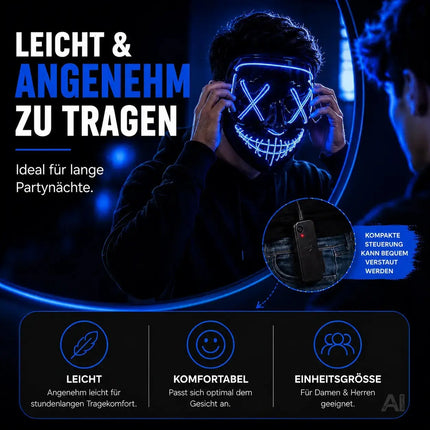 FASCHINFEVER LED Maske blau Purge - Kostümmaske steuerbar für Halloween, Fasching & Karneval – Detailansicht 3