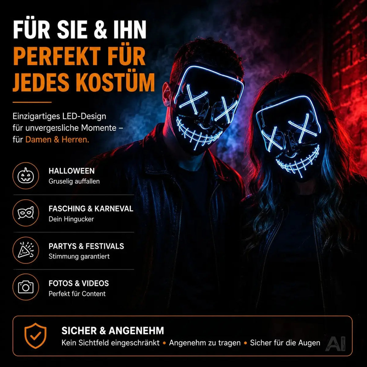 FASCHINFEVER LED Maske blau Purge - Kostümmaske steuerbar für Halloween, Fasching & Karneval – Detailansicht 6