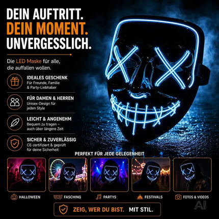 FASCHINFEVER LED Maske blau Purge - Kostümmaske steuerbar für Halloween, Fasching & Karneval – Detailansicht 7