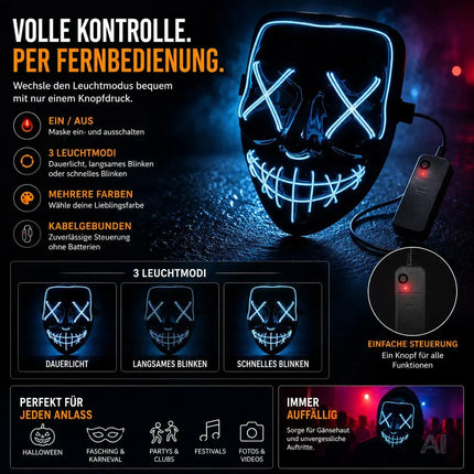 FASCHINFEVER LED Maske blau Purge - Kostümmaske steuerbar für Halloween, Fasching & Karneval – Detailansicht 8