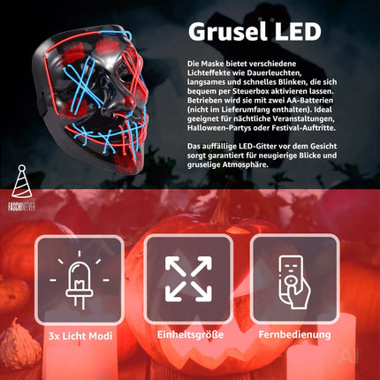 FASCHINFEVER LED Purge Maske blau/rot mix - Kostümmaske steuerbar für Halloween, Fasching & Karneval als Kostüm für Herren & Damen - TK Gruppe® Offizieller Onlineshop