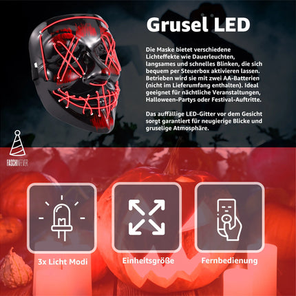 FASCHINFEVER LED Purge Maske rot - Kostümmaske steuerbar für Halloween, Fasching & Karneval als Kostüm für Herren & Damen