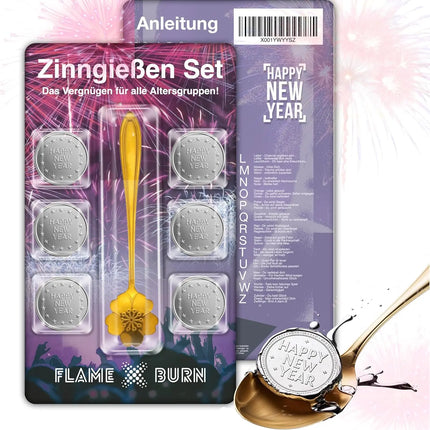 FLAME X BURN Zinngießen Set für Silvester 2025: Zinn zum Gießen ähnlich wie Bleigießen, inklusive Löffel & Orakelbuch mit Deutungen - Partyspiele (1x)