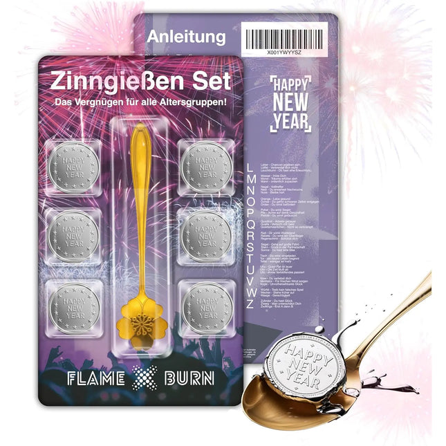 FLAME X BURN Zinngießen Set für Silvester 2025: Zinn zum Gießen ähnlich wie Bleigießen, inklusive Löffel & Orakelbuch mit Deutungen - Partyspiele (1x)