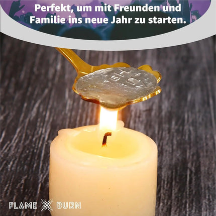 FLAME X BURN Zinngießen Set für Silvester 2025: Zinn zum Gießen ähnlich wie Bleigießen, inklusive Löffel & Orakelbuch mit Deutungen - Partyspiele (1x)