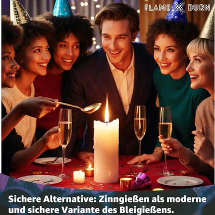 FLAME X BURN Zinngießen Set für Silvester 2025: Zinn zum Gießen ähnlich wie Bleigießen, inklusive Löffel & Orakelbuch mit Deutungen - Partyspiele (1x)