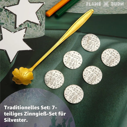 FLAME X BURN Zinngießen Set für Silvester 2025: Zinn zum Gießen ähnlich wie Bleigießen, inklusive Löffel & Orakelbuch mit Deutungen - Partyspiele (1x)