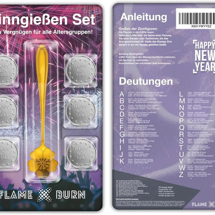 FLAME X BURN Zinngießen Set für Silvester 2025: Zinn zum Gießen ähnlich wie Bleigießen, inklusive Löffel & Orakelbuch mit Deutungen - Partyspiele (1x)
