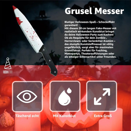 Fake Messer ca. 34 cm Accessoire mit Blut -für Halloween & Fasching - - Täuschend Echt für Horror Kostüm