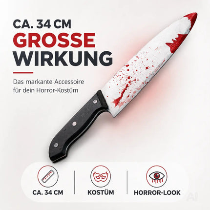 Fake Messer ca. 34 cm Accessoire mit Blut -für Halloween & Fasching - - Täuschend Echt für Horror Kostüm