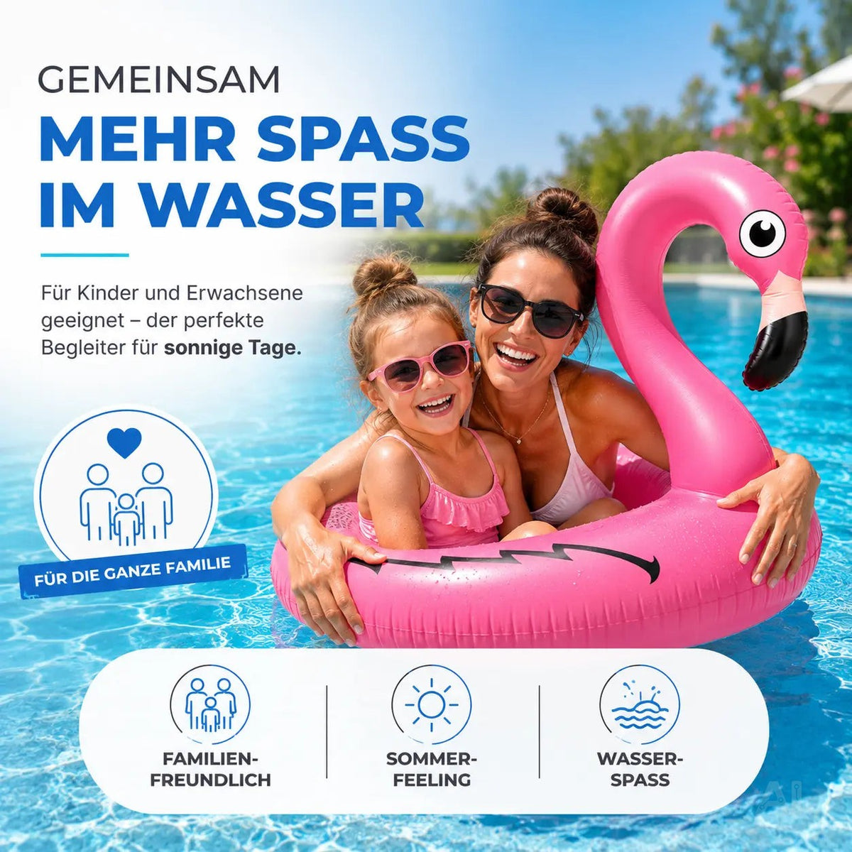 Flamingo Schwimmring aufblasbar Ø 110 cm – Schwimmreifen für Pool, See, Strand & Wasser – Detailansicht 2