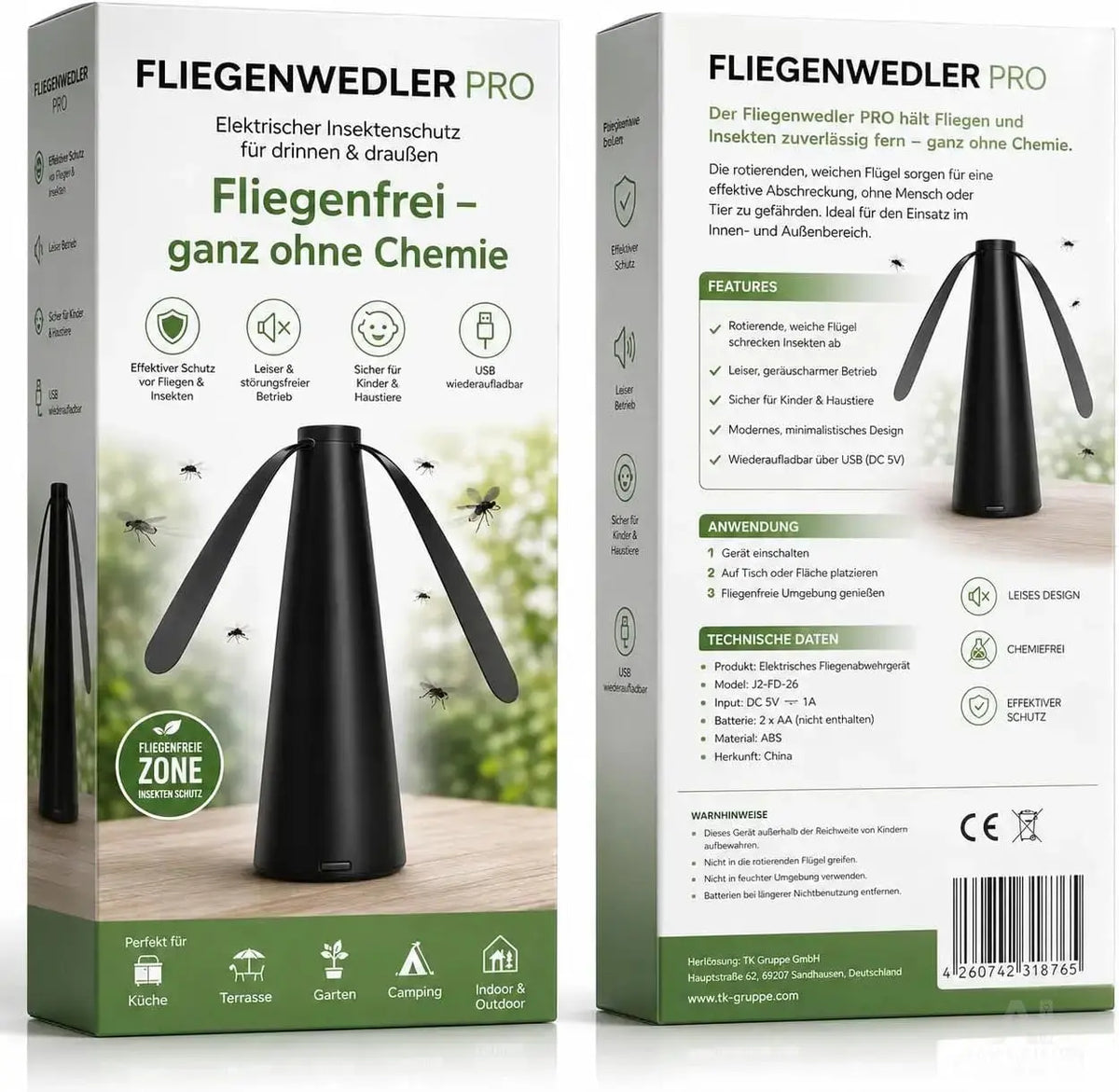 Fliegenventilator – Fliegen- und Wespenabwehr mit Fliegenwedler für Tisch & Terrasse – Fliegenvertreiber & Wespenventilator (Schwarz)