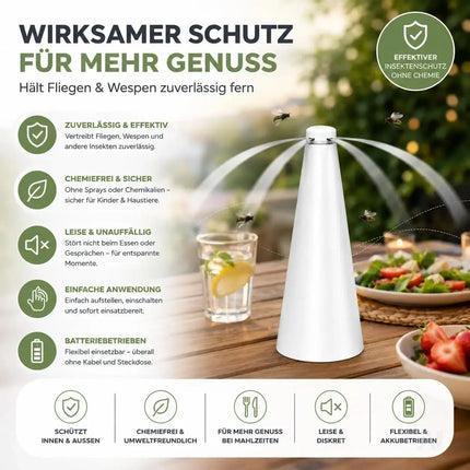 Fliegenventilator – Fliegen- und Wespenabwehr mit Fliegenwedler für Tisch & Terrasse – Detailansicht 2