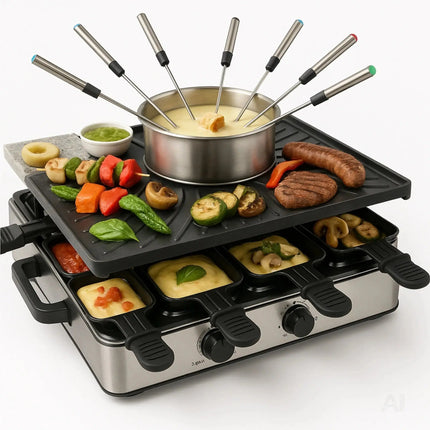 Fondue & Raclette -Set für 8 Personen - Tischgrill inkl. Pfännchen & Schaber