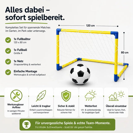 Fußballtor Garten mit Netz und Ball – Tragbares Fußballtor für Kinder & Erwachsene – Einfacher Aufbau