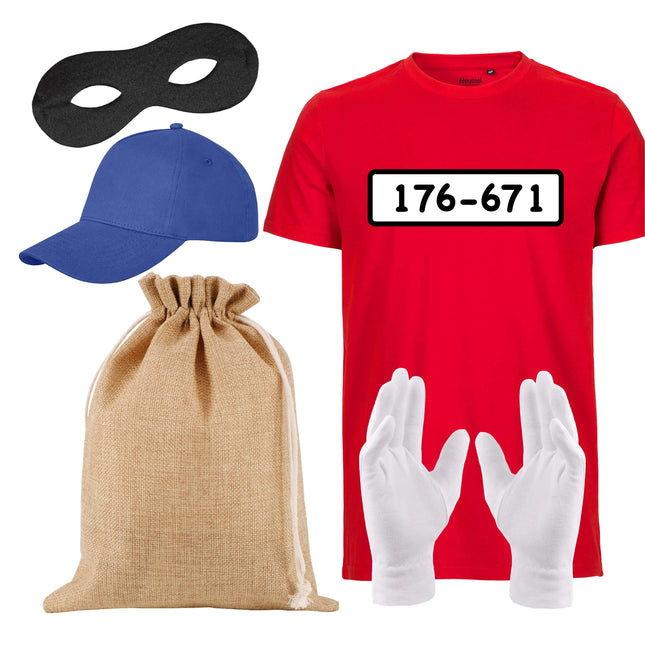 Gangster Panzerknacker Fasching Kostüm Unisexgröße 170 - 190 cm Bandit Tshirt mit Accessoires Einbrecher - Damen -