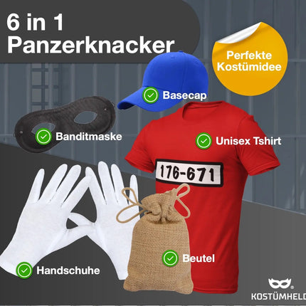 Gangster Panzerknacker Fasching Kostüm Unisexgröße 170 - 190 cm Bandit Tshirt mit Accessoires Einbrecher - Damen -
