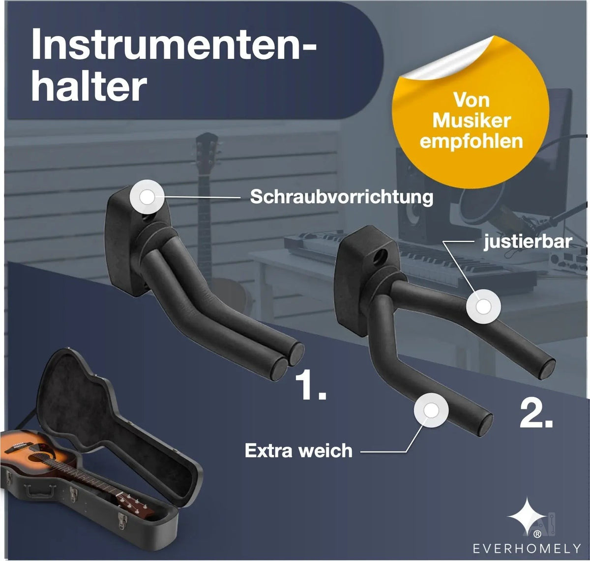 Gitarrenhalter schwarz - Wandhalterung & Halterung für Wand - Instrumente wie Gitarre – Detailansicht 3